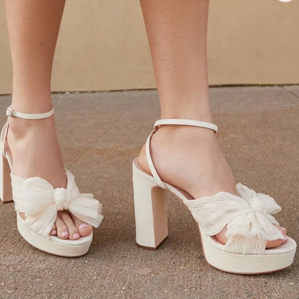White bow block heels